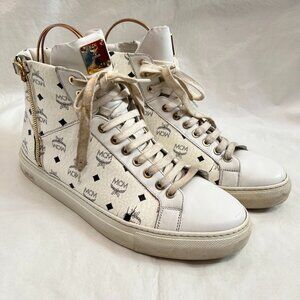 MCM Visetos High top sneakers white leather gold turnlock 43 US mens 10 shoes